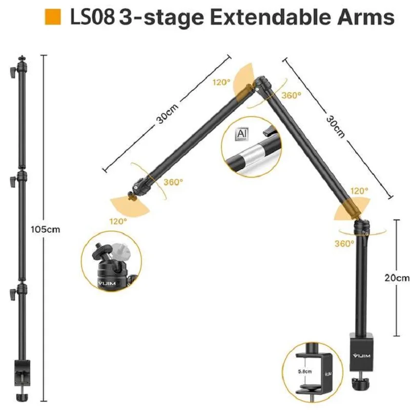 VIJIM LS02 LS08 Extend C Tripod Clamp 90cm Desk Stand Live - Imagem 4